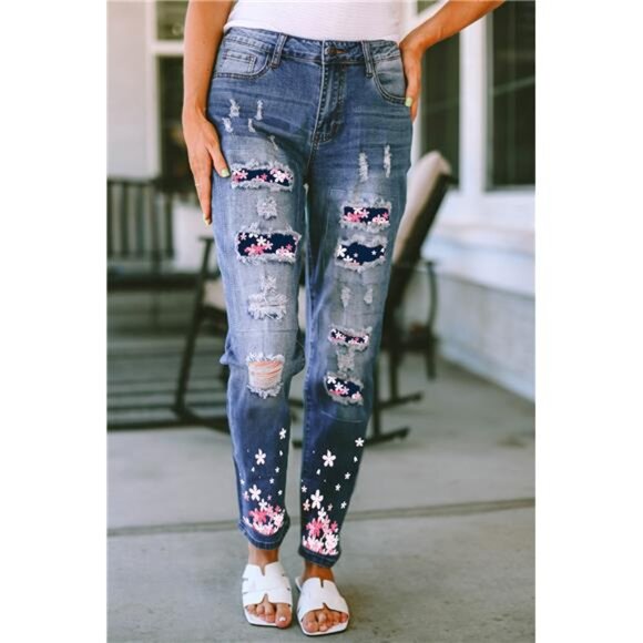 Flower Distressed Jeans with Pockets - Picture 1 of 4